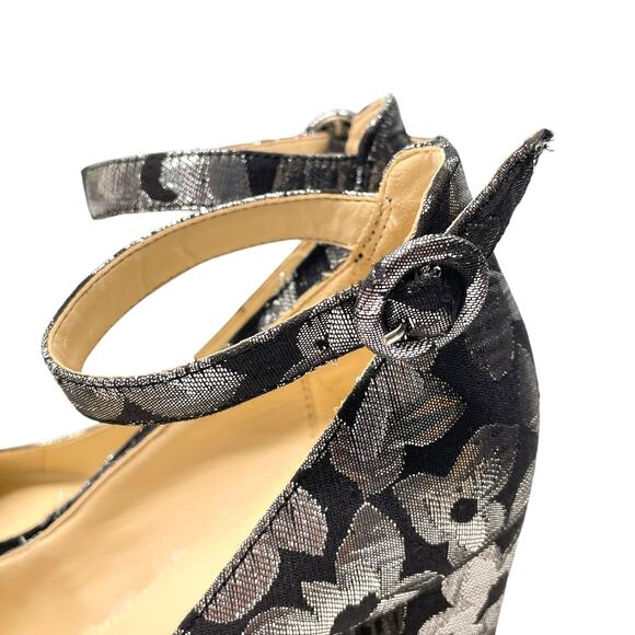 Marc Fisher Black Silver Metallic Block Heels Ankle Strap Flowers Brocade 6 - Picture 5 of 10